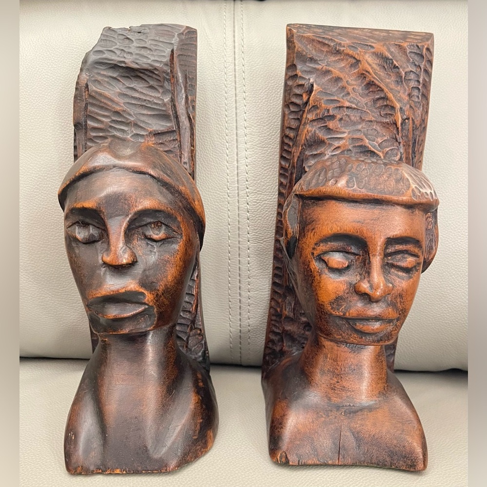 VTG Mid-Century Handcrafted African Wooden Bookends, Approx. 10” Tall